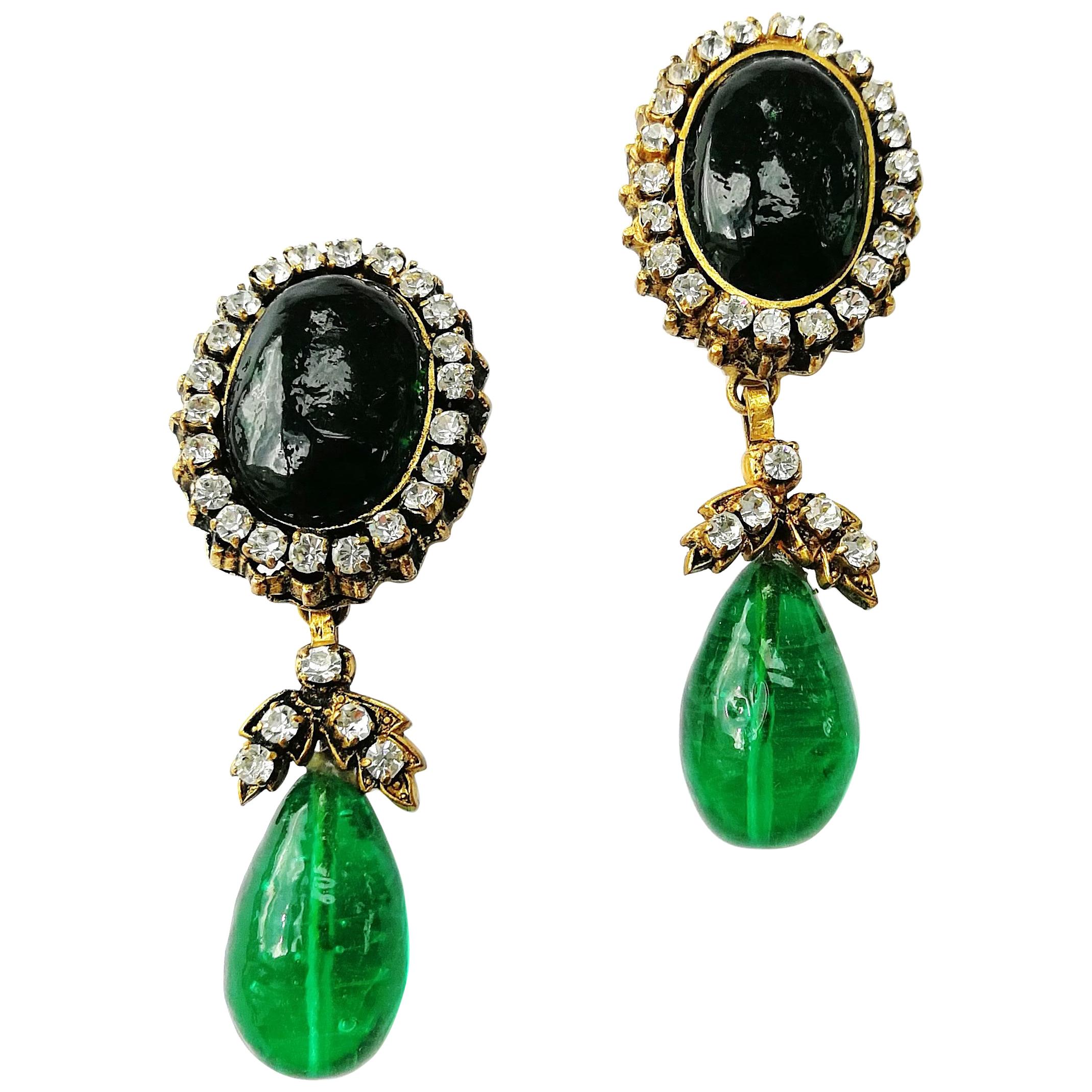 Long emerald poured glass, paste and gilded metal drop earrings, Chanel, 1980s