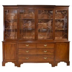 Long English Breakfront Bookcase in Mahogany with Mullioned Glass Panels