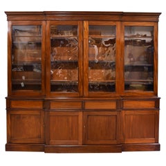 Long English Breakfront Bookcase in Mahogany with Mullioned Glass Panels