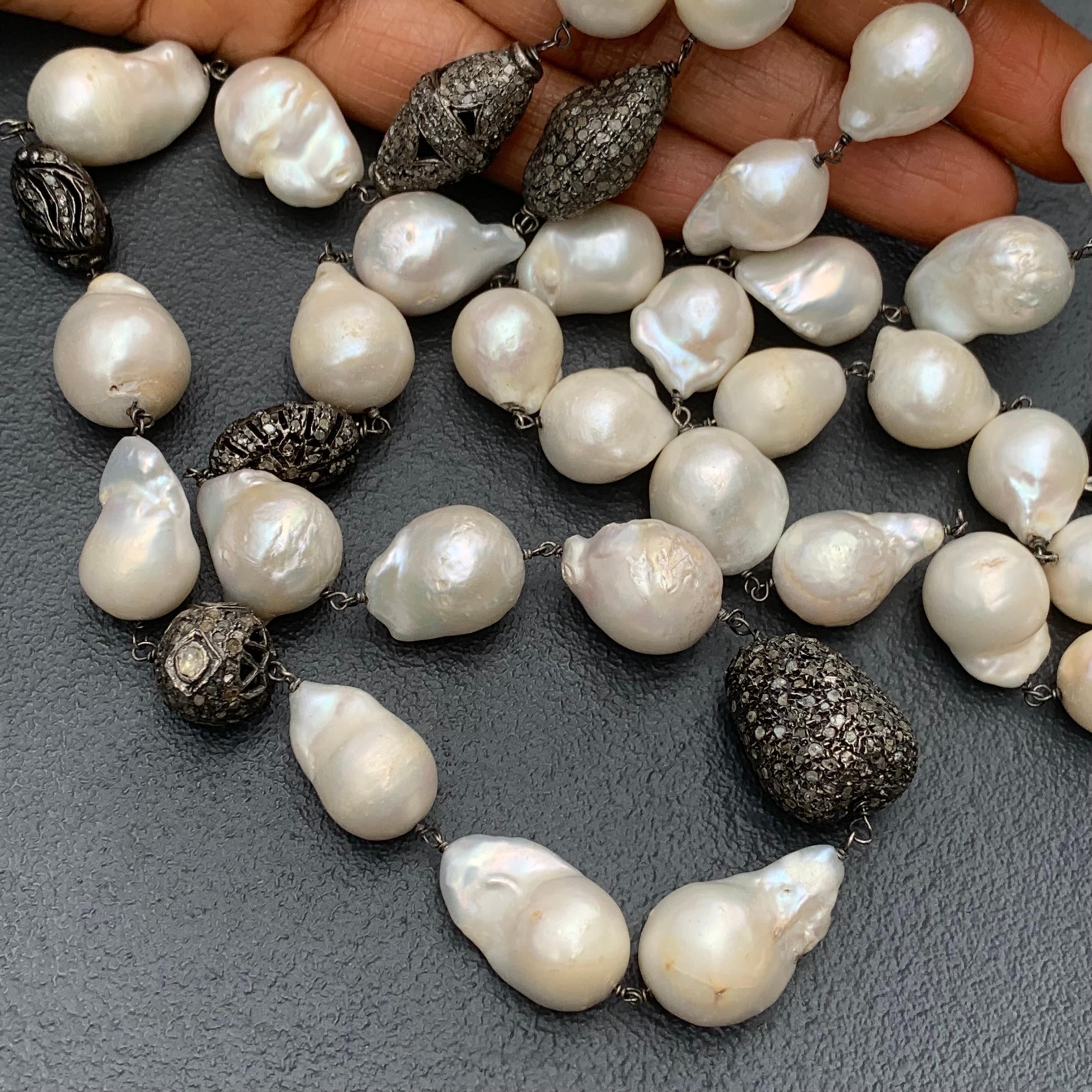 Long Estate Baroque Pearl Silver Pave Diamond Bead Clasp Necklace 3