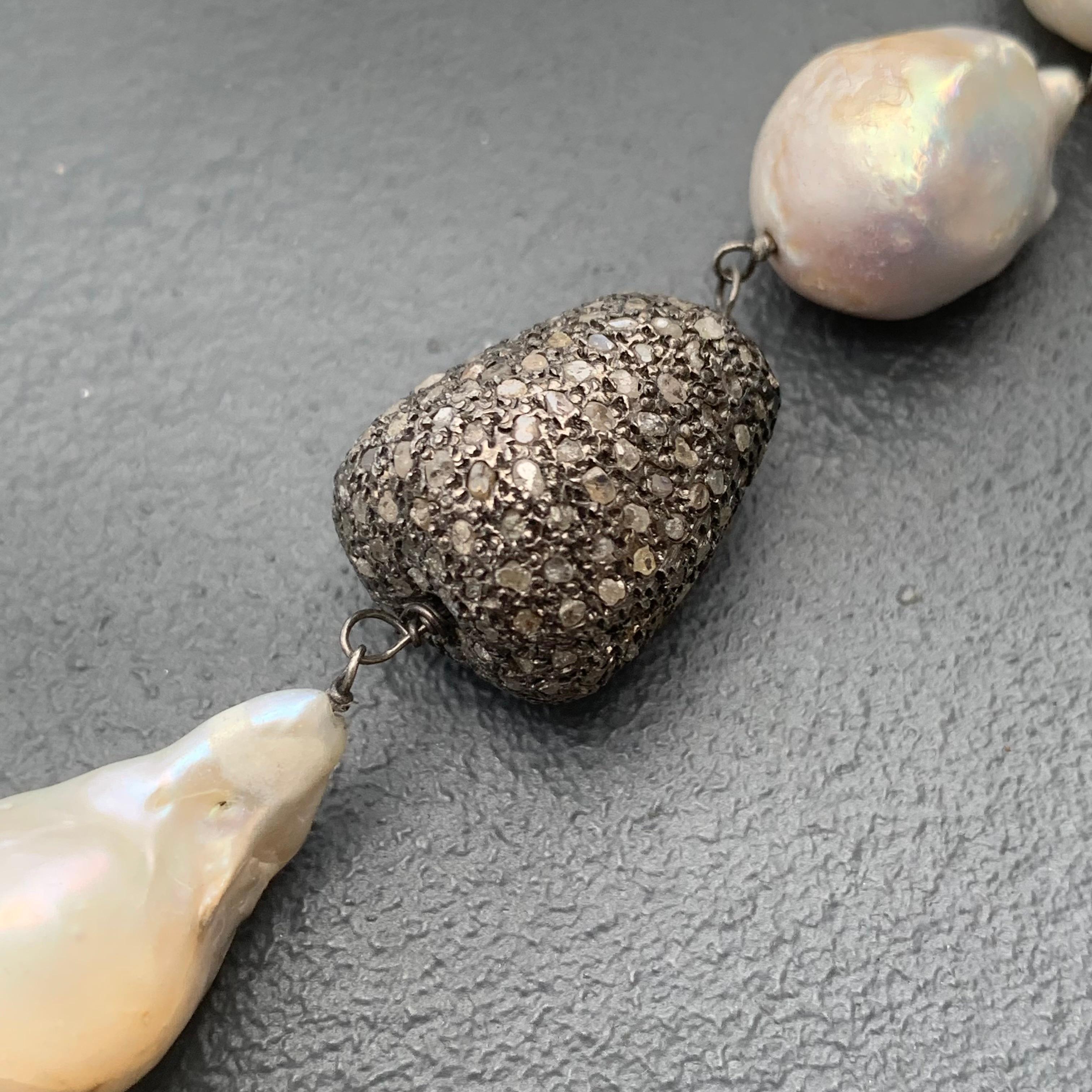Long Estate Baroque Pearl Silver Pave Diamond Bead Clasp Necklace In Good Condition In Monroe Township, NJ