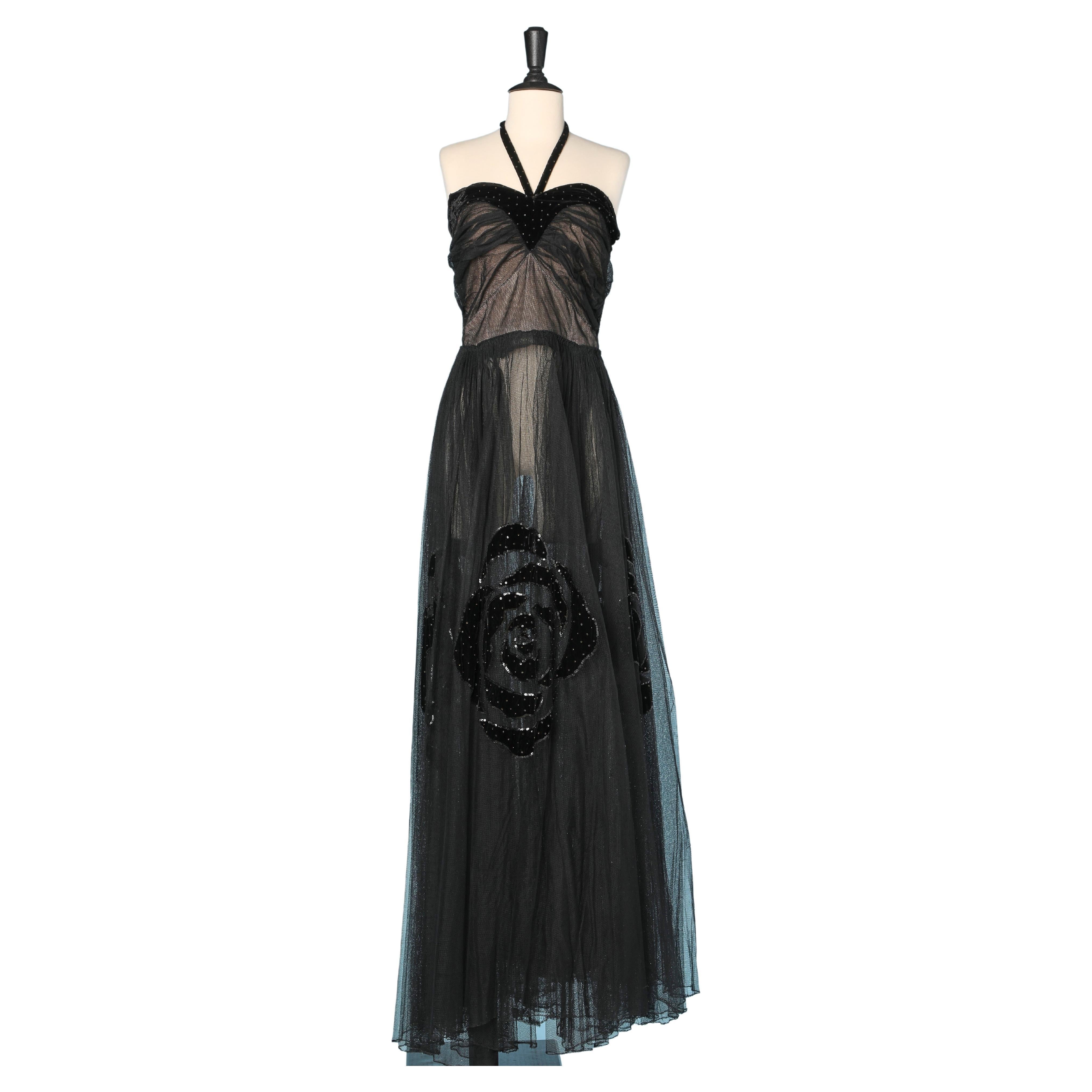 Long evening bustier dress in tulle with velvet appliqué Circa 1930 For Sale