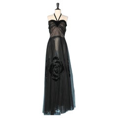 Used Long evening bustier dress in tulle with velvet appliqué Circa 1930