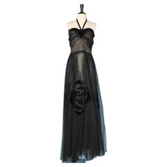 Long evening bustier dress in tulle with velvet appliqué Circa 1930