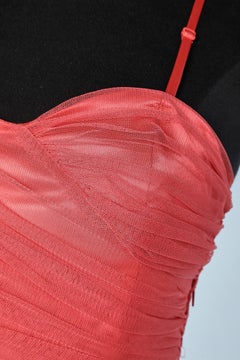 Long evening bustier gown in red tulle ruffles