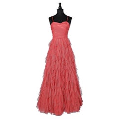 Long evening bustier gown in red tulle ruffles 