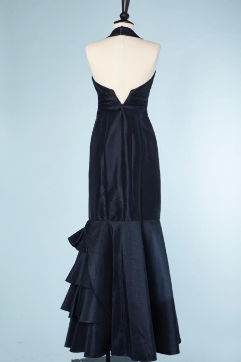 Women's Long evening drape navy blue dress and rhinestone brooch Pierre Cardin  For Sale