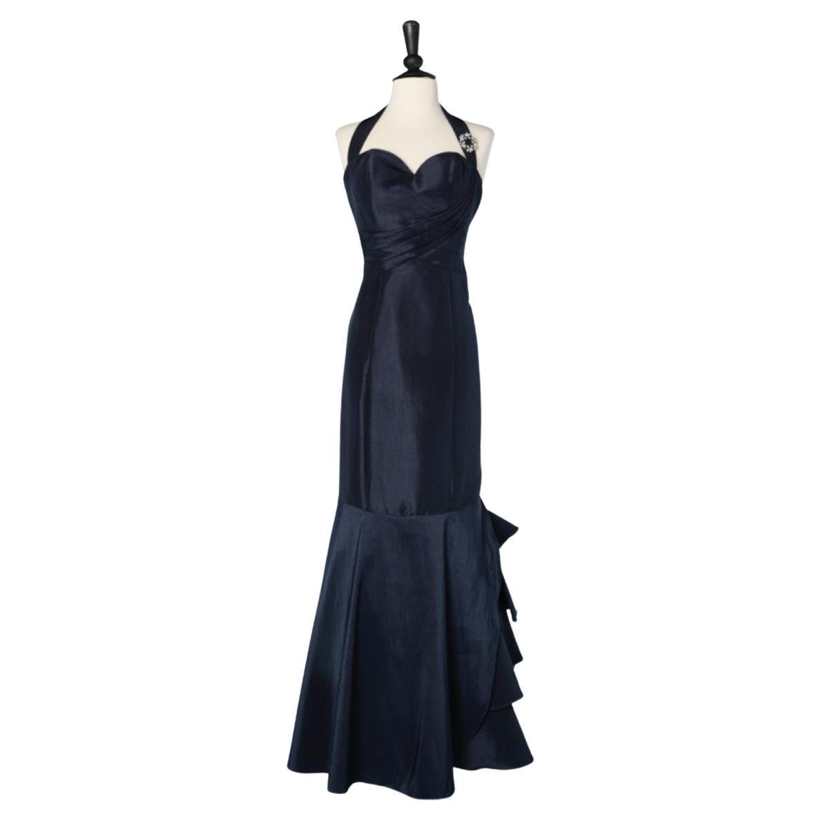 Long evening drape navy blue dress and rhinestone brooch Pierre Cardin For Sale