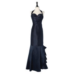 Long evening drape navy blue dress and rhinestone brooch Pierre Cardin 