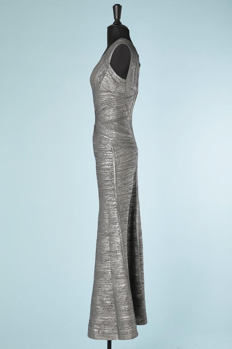 Women's Long evening dress in coated silver knit stretch band Hervé Léger  For Sale