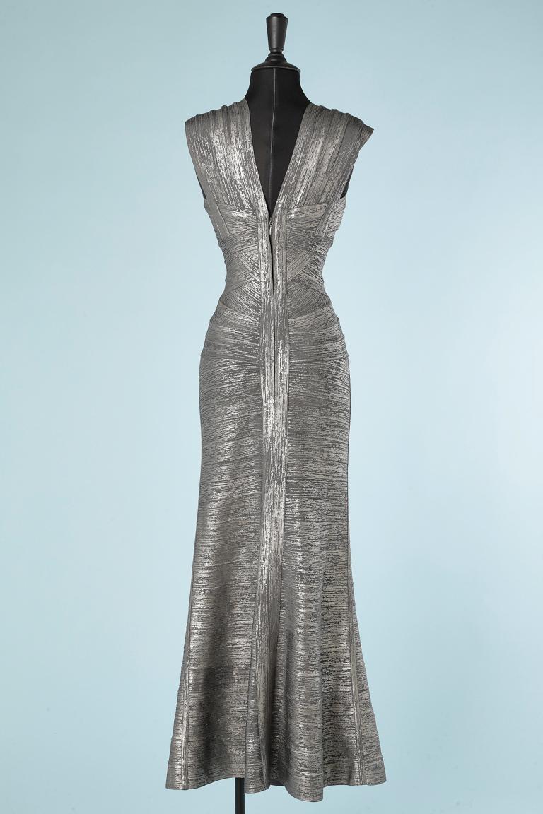 Long evening dress in coated silver knit stretch band Hervé Léger For Sale  at 1stDibs