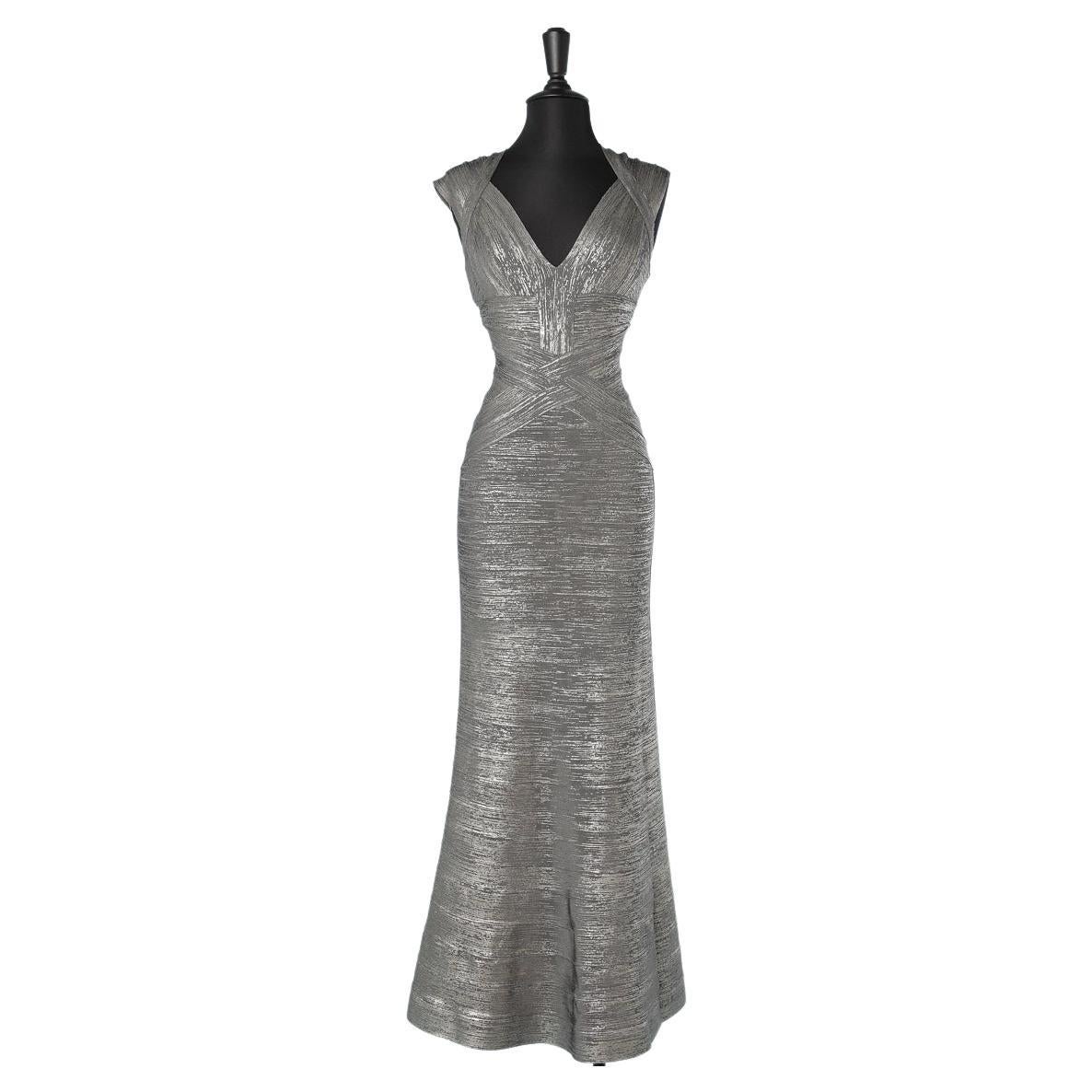 Long evening dress in coated silver knit stretch band Hervé Léger  For Sale