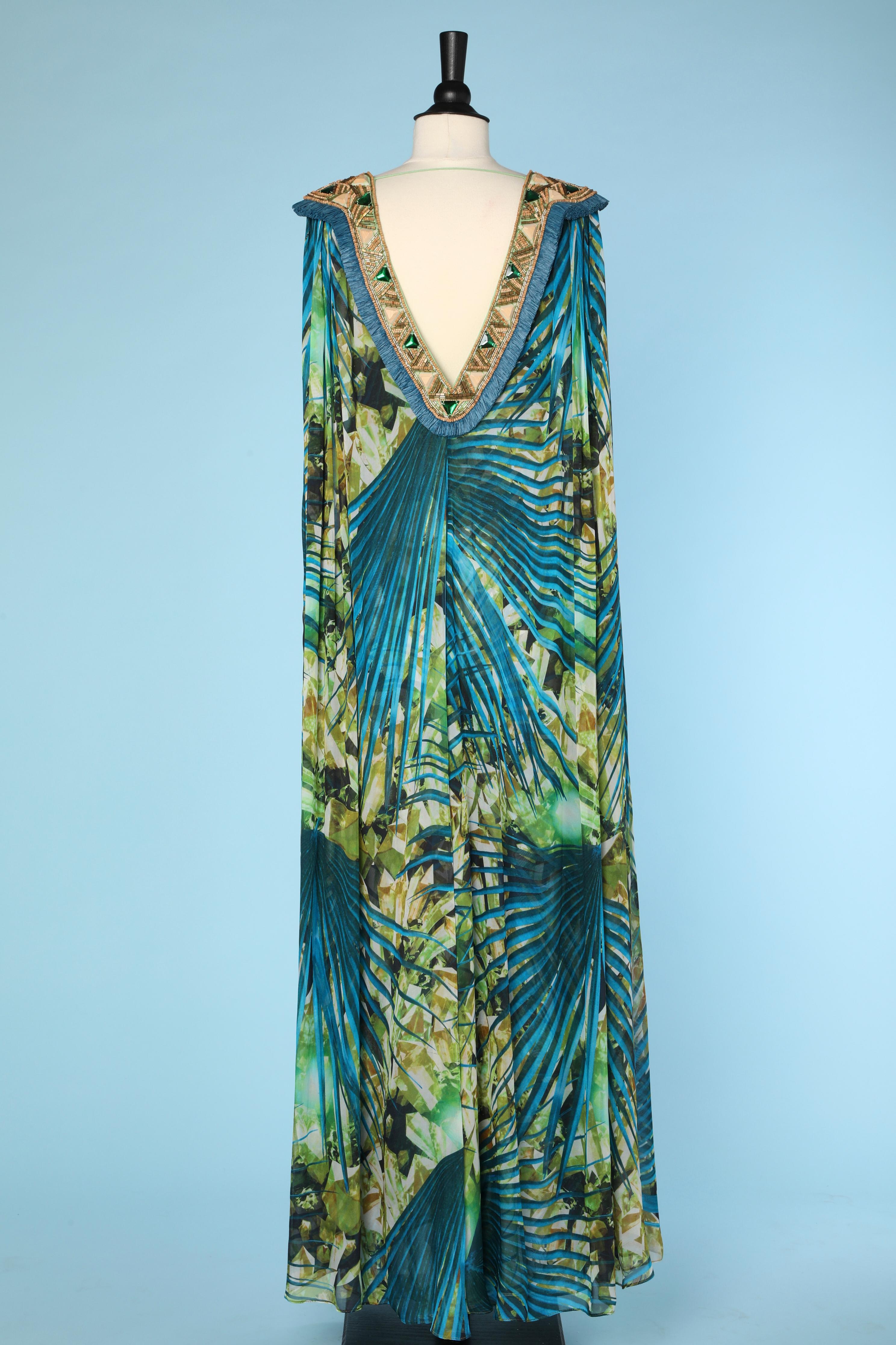 Blue Long evening dress with jungle print and embroidered collar Matthew  Williamson For Sale