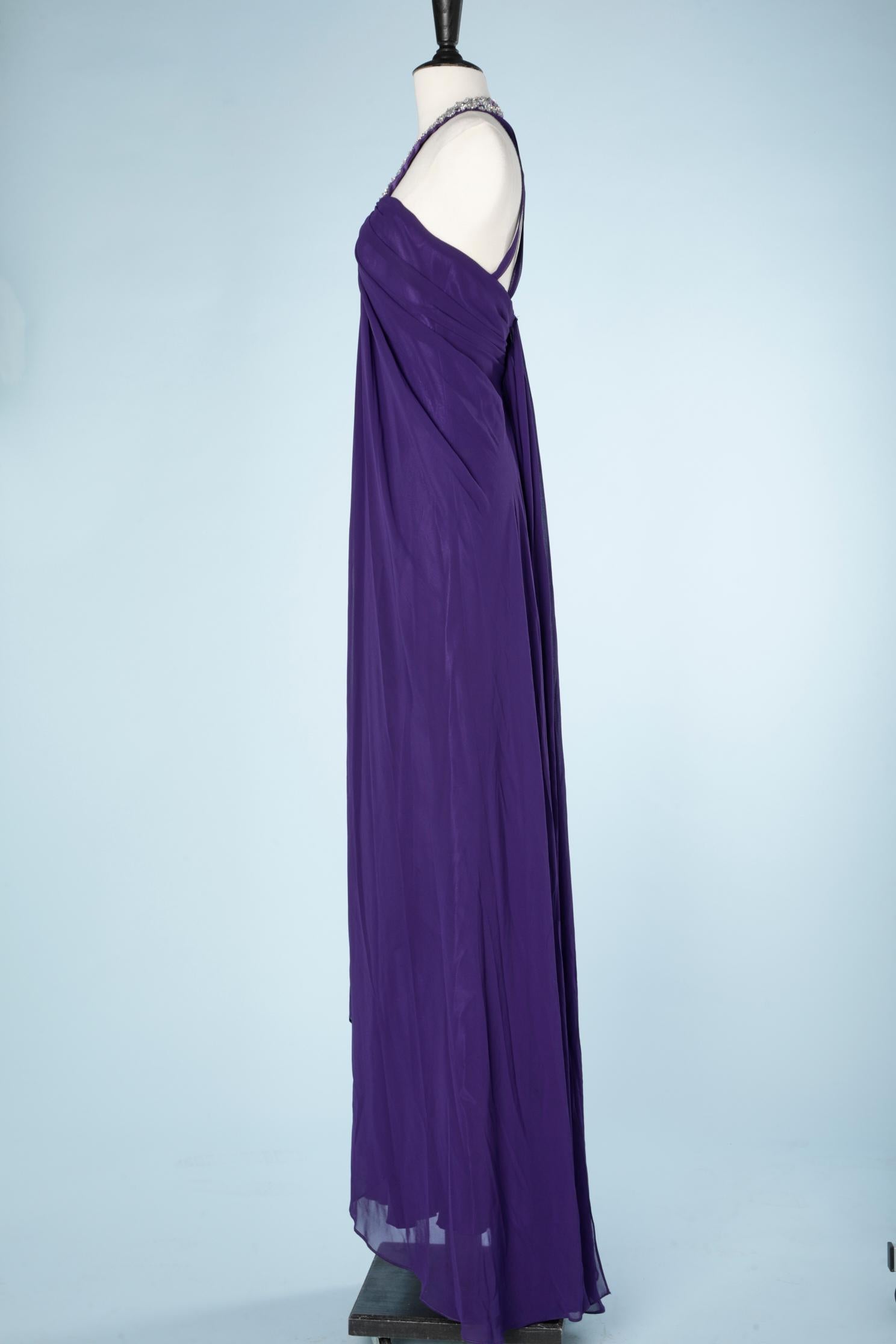 Purple Long evening gown in purple chiffon and satin with a sequin neckless collar For Sale