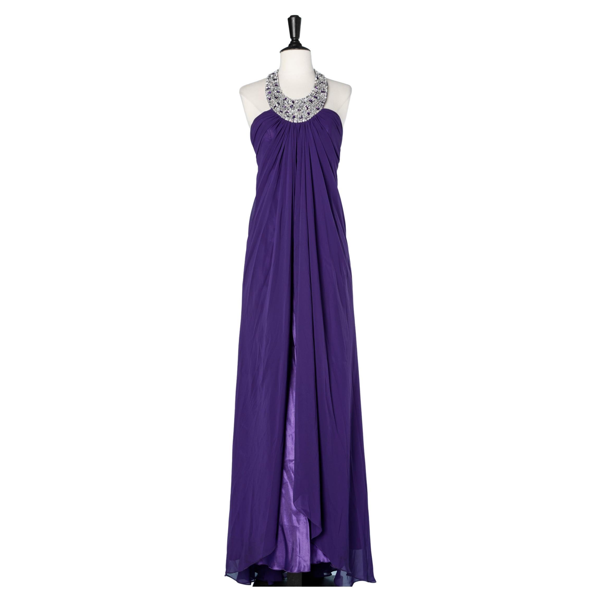 Long evening gown in purple chiffon and satin with a sequin neckless collar