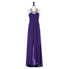 Long evening gown in purple chiffon and satin with a sequin neckless collar