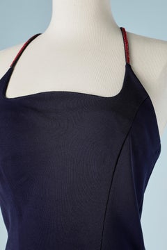 Long evening navy blue rayon dress with red rhinestone straps Thierry Mugler