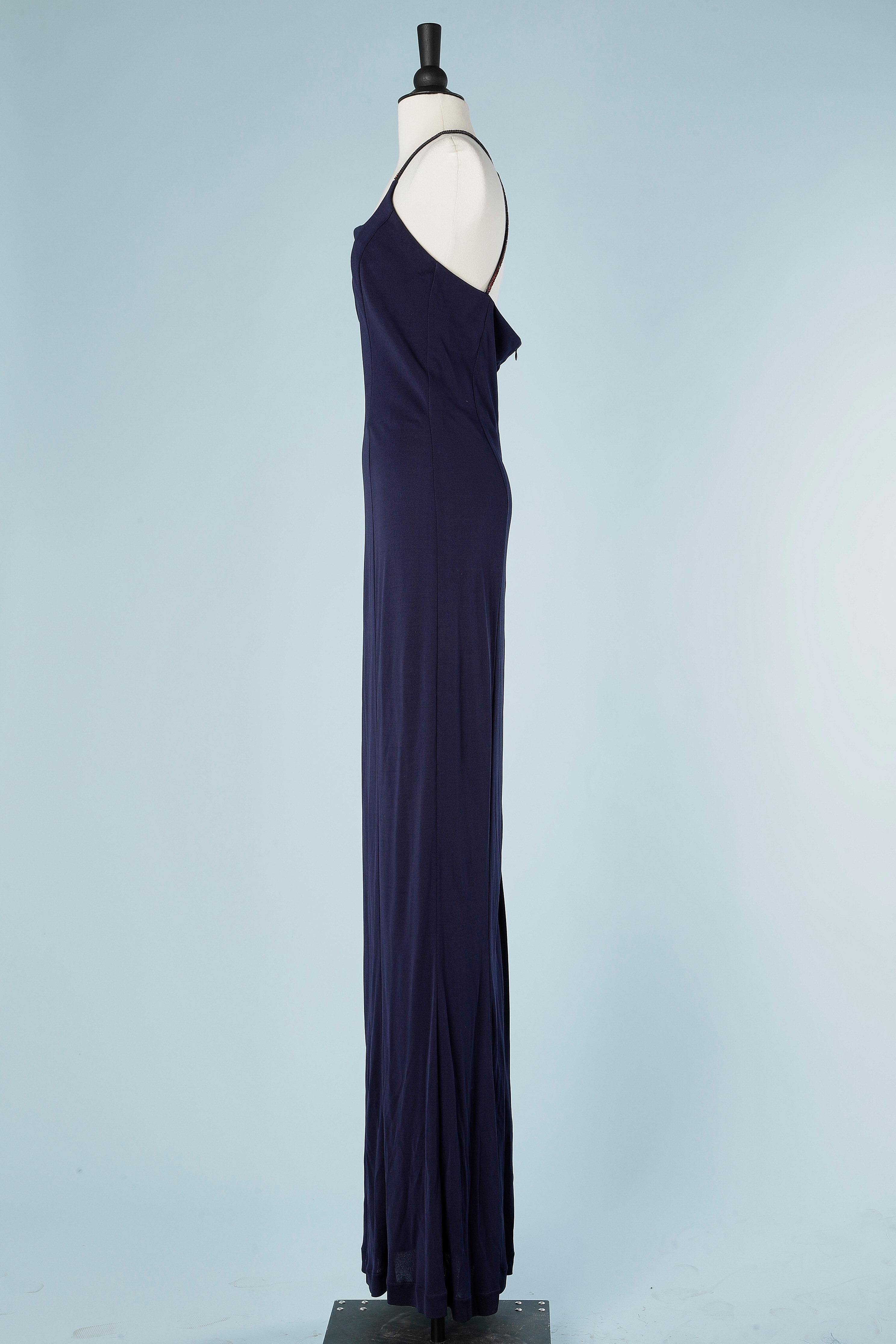 Long evening navy blue rayon dress with red rhinestone straps Thierry Mugler In Excellent Condition For Sale In Saint-Ouen-Sur-Seine, FR
