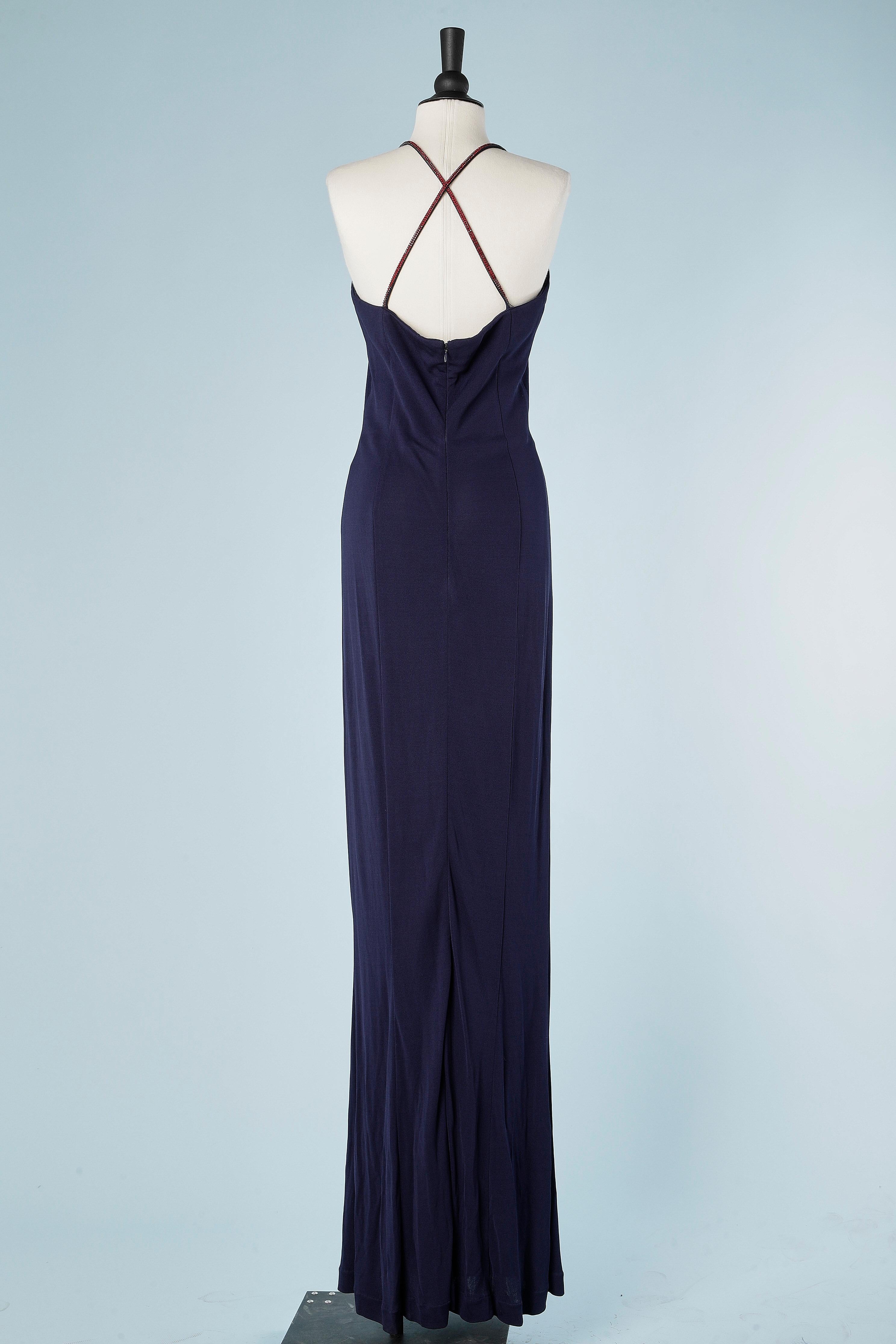 Women's Long evening navy blue rayon dress with red rhinestone straps Thierry Mugler For Sale