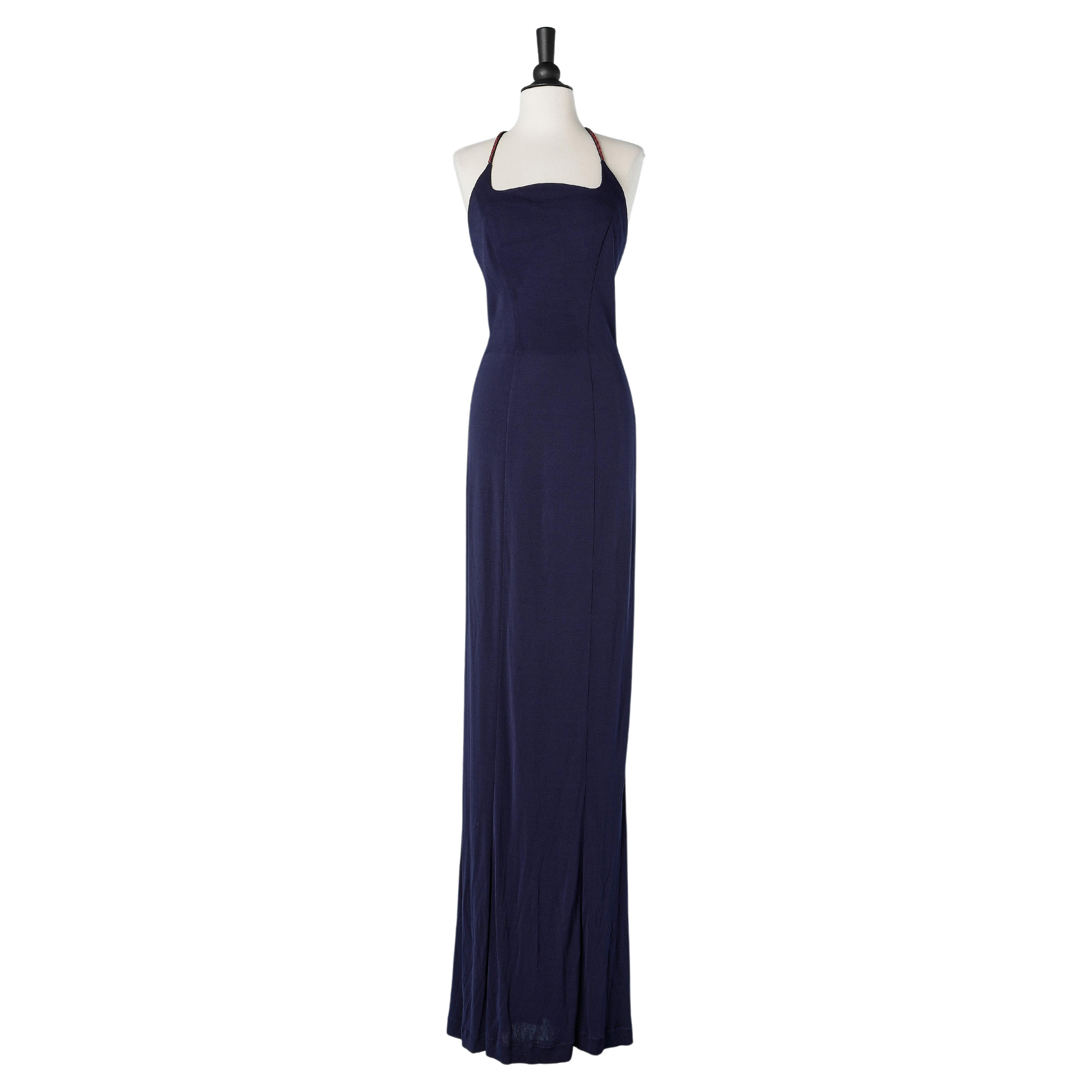 Long evening navy blue rayon dress with red rhinestone straps Thierry Mugler  For Sale