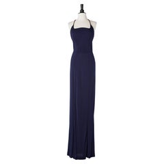 Long evening navy blue rayon dress with red rhinestone straps Thierry Mugler 