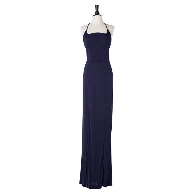 Long evening navy blue rayon dress with red rhinestone straps Thierry ...