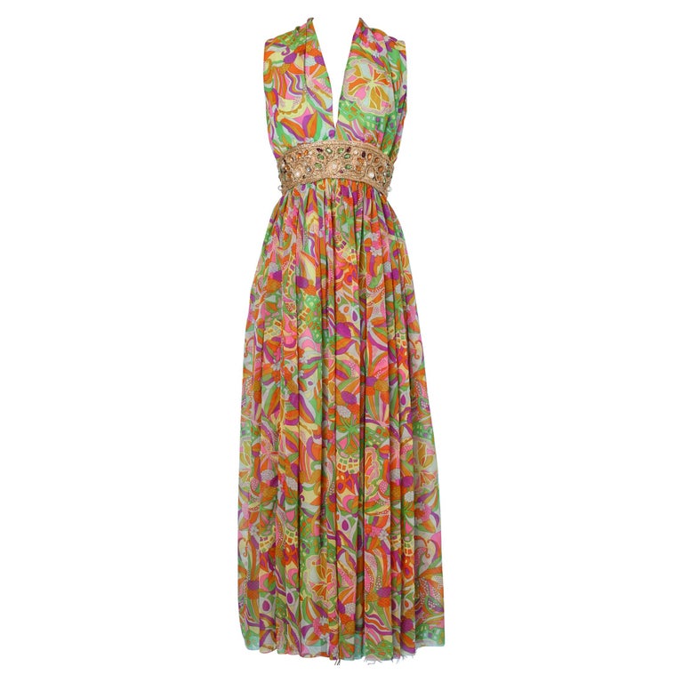 Long evening psychedelic printed dress Bullock's Wilshire at 1stDibs