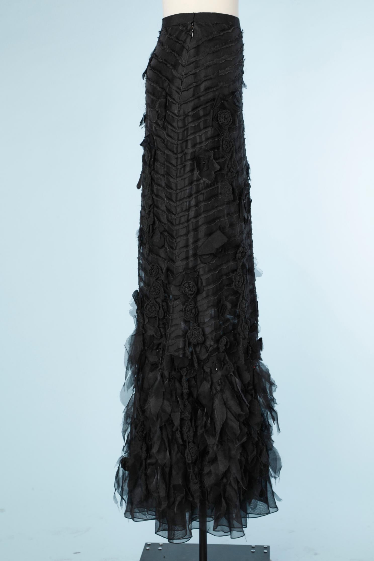 Black Long evening skirt in black chiffon ribbons and petals Oscar de la Renta 