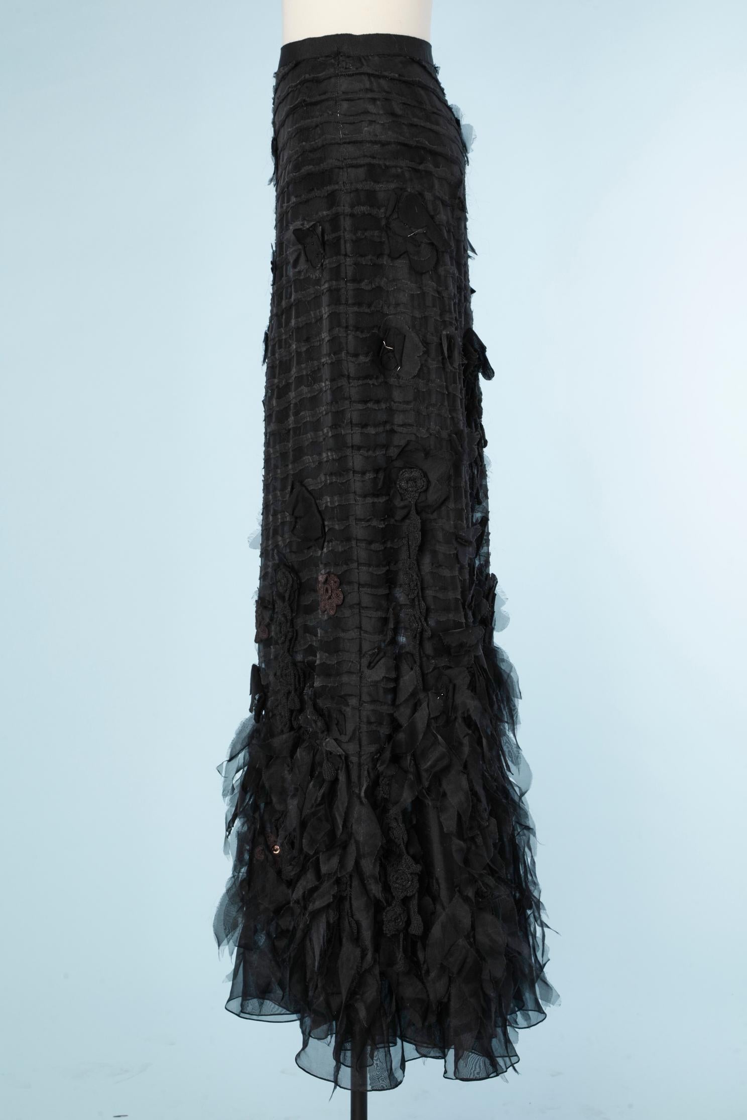 Women's Long evening skirt in black chiffon ribbons and petals Oscar de la Renta 