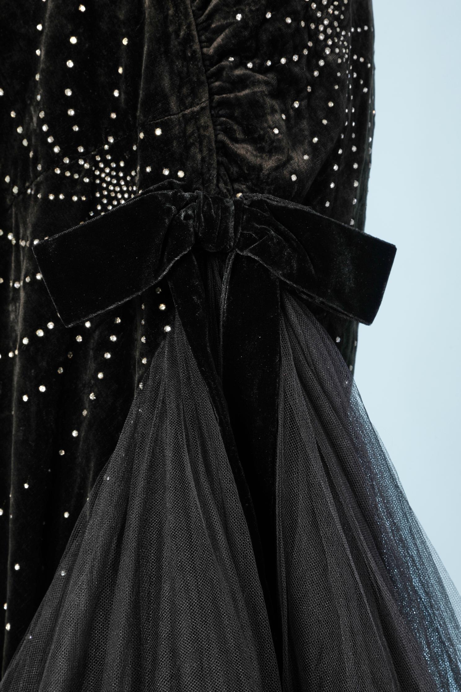 Black Long evening velvet  dress asymmetrical with rhinestone and black tulle 
