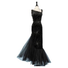 Long evening velvet  dress asymmetrical with rhinestone and black tulle 