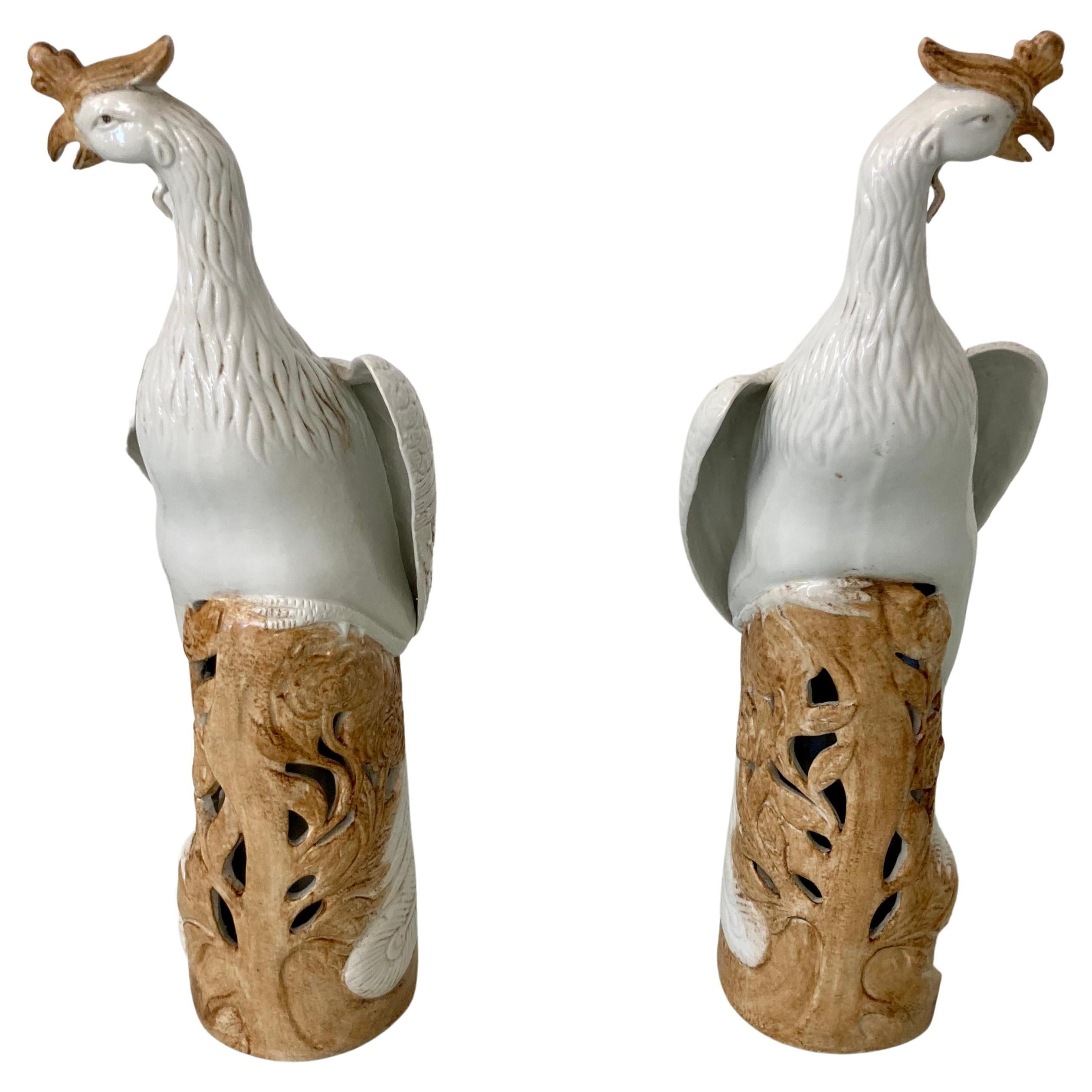 Long Feather Tail Ceramic Birds, a Pair For Sale