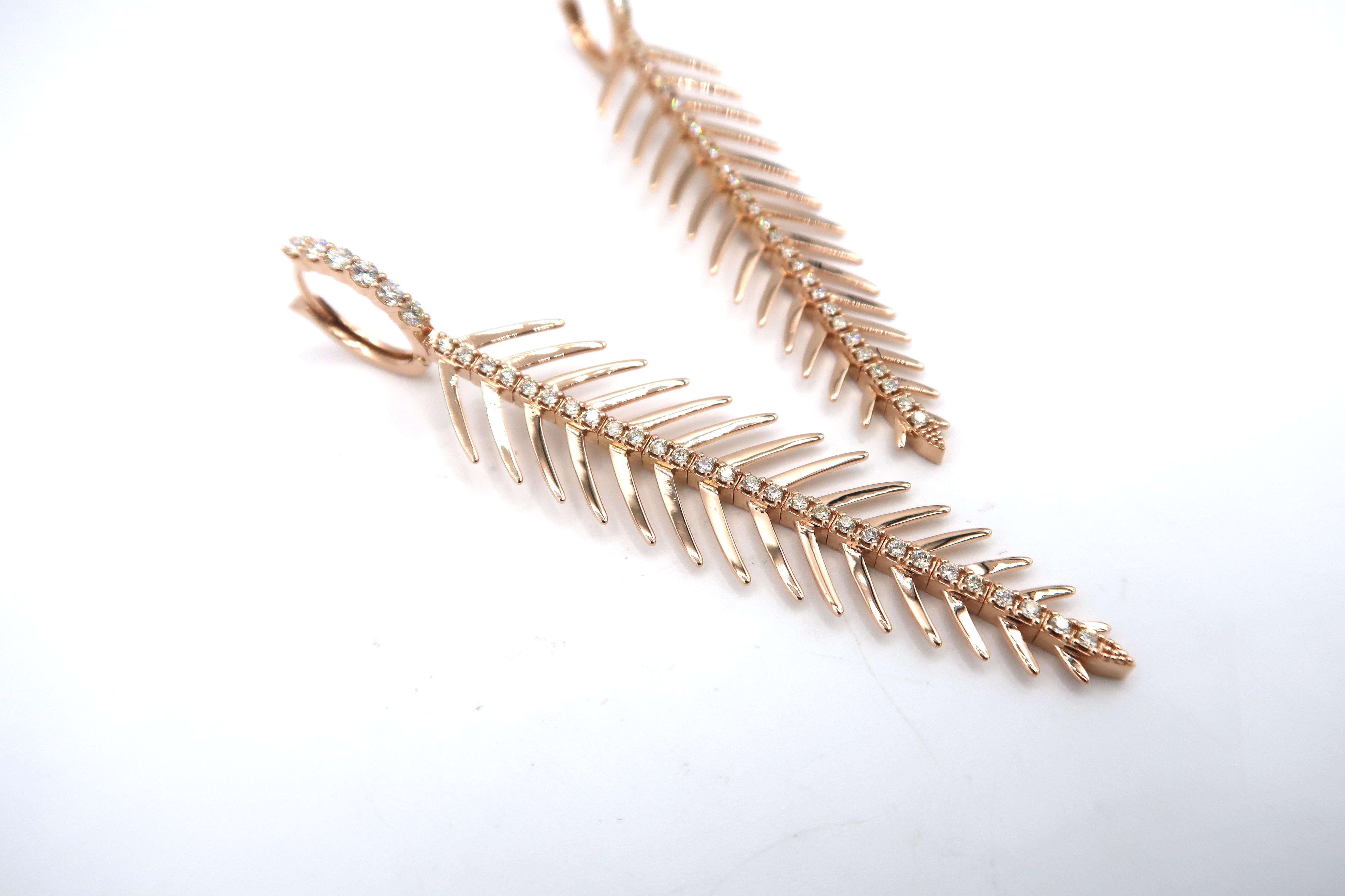 Contemporary Long Flexible Herringbone Diamond 18k Rose Gold Dangle Earrings For Sale