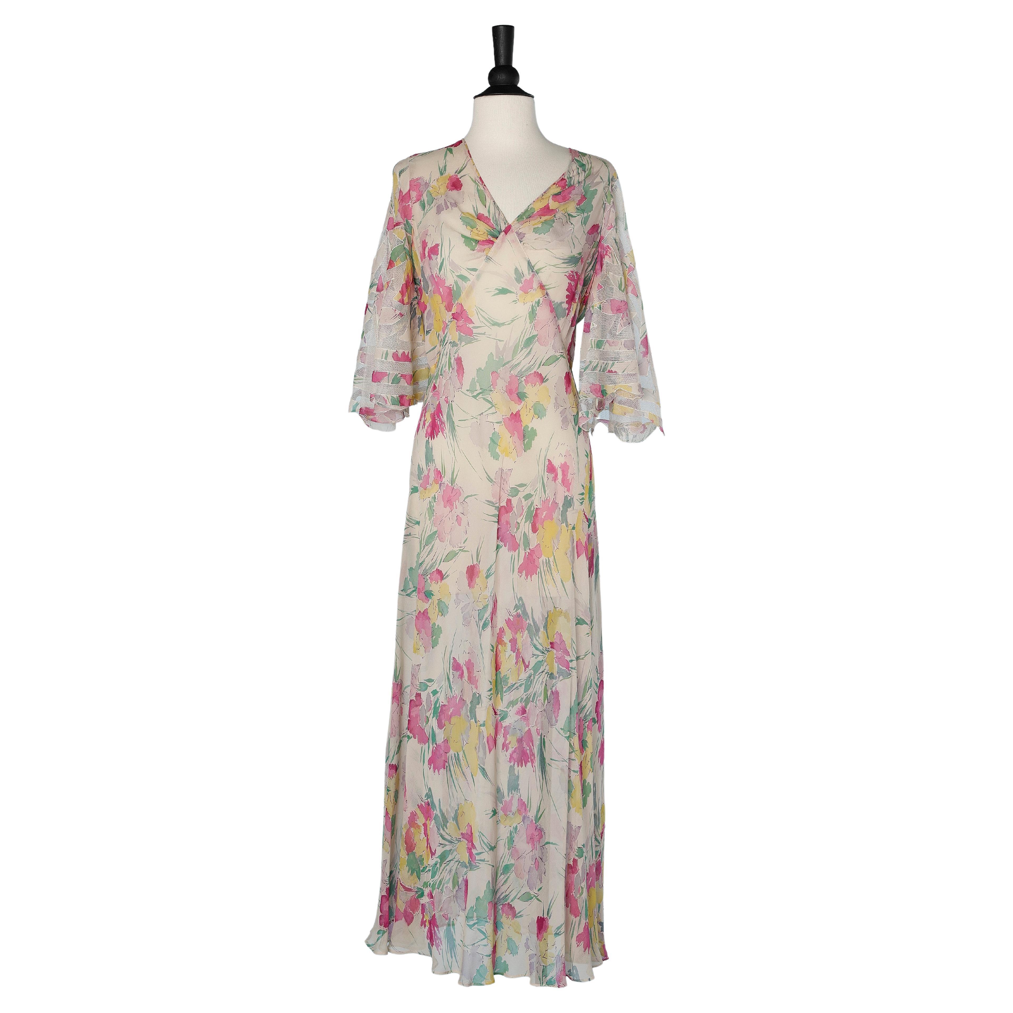 Long flower printed dress in chiffon with tulle appliqué on the sleeves 1920's 