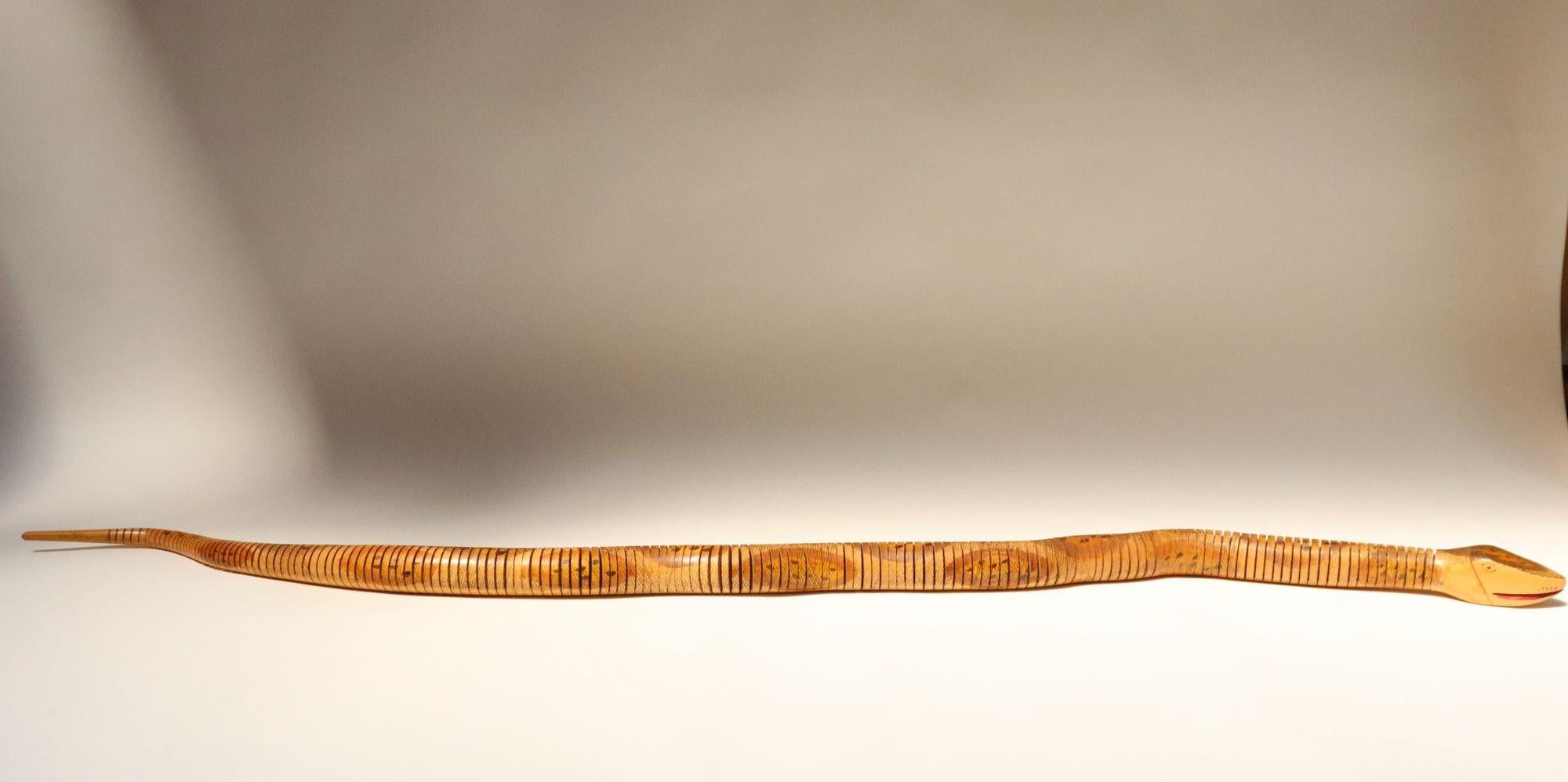 Wood Long Folk Art Articulated Flexible Carved and Hand-Painted Snake Sculpture For Sale