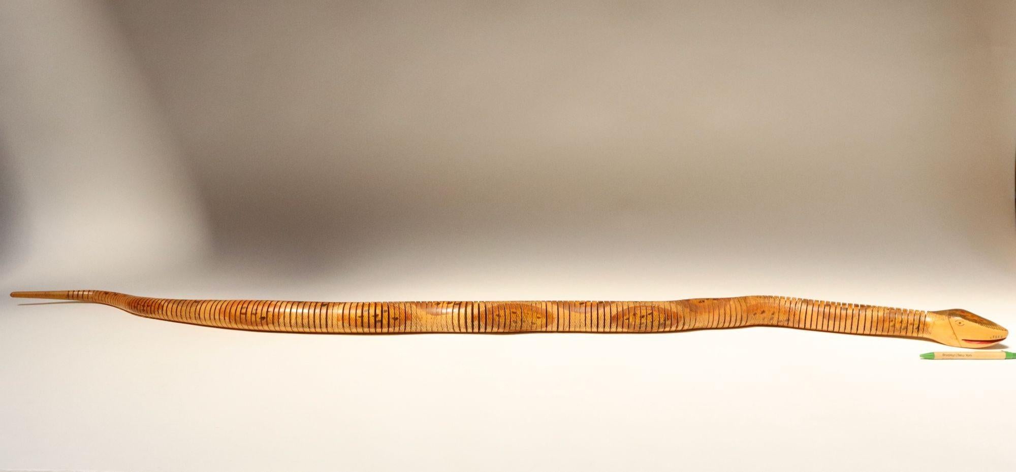 Long Folk Art Articulated Flexible Carved and Hand-Painted Snake Sculpture For Sale 1
