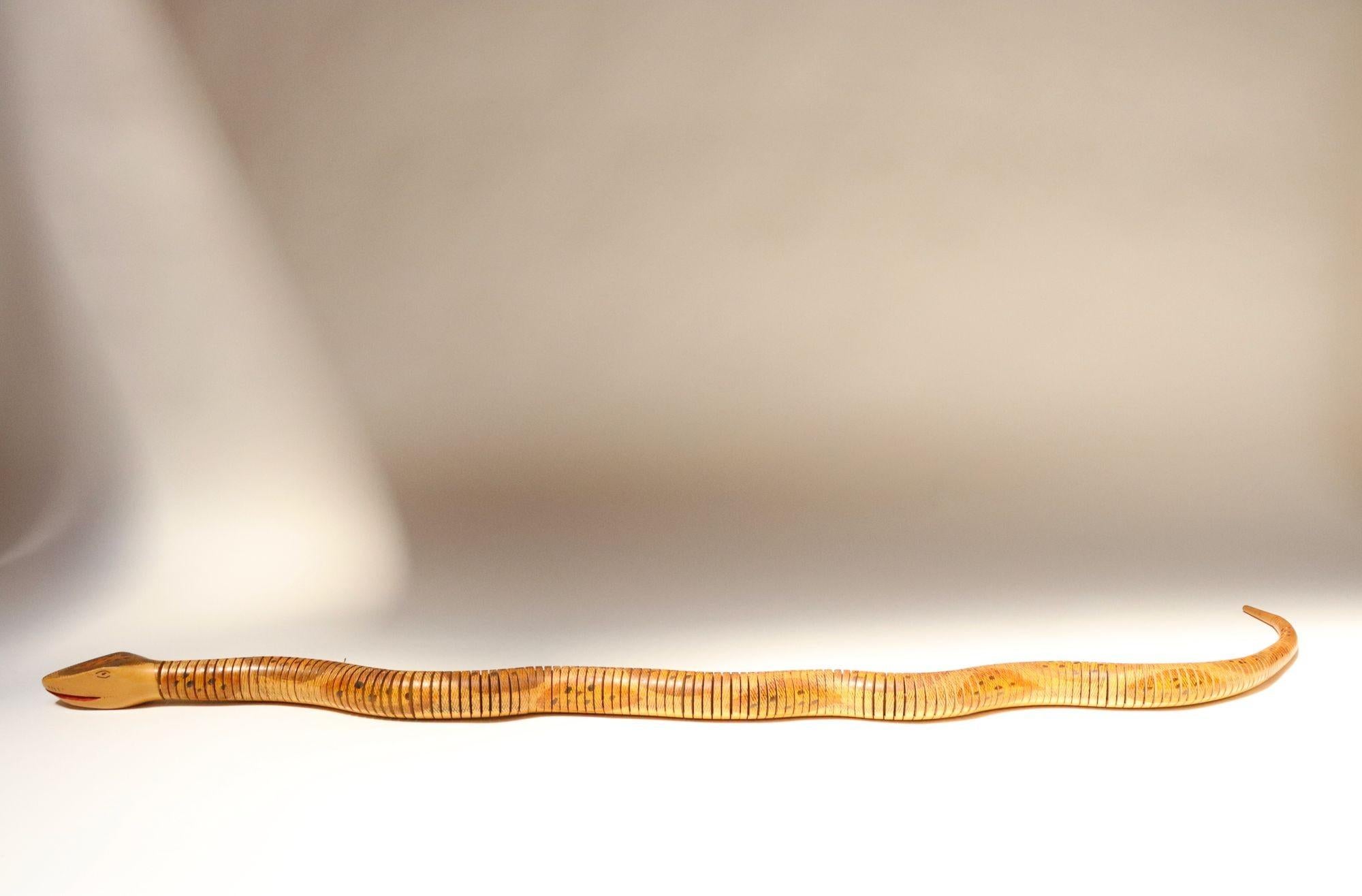 Long Folk Art Articulated Flexible Carved and Hand-Painted Snake Sculpture For Sale 2