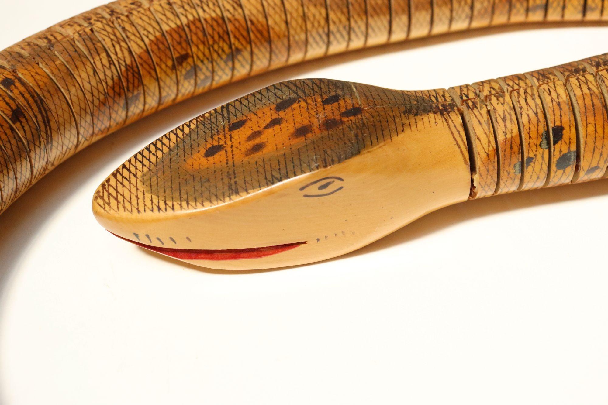 Long Folk Art Articulated Flexible Carved and Hand-Painted Snake Sculpture For Sale 3
