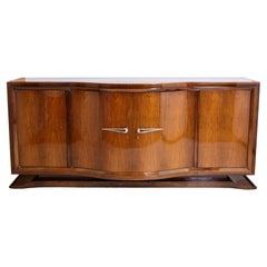 Long French 1930s Art Deco Sideboard in Bright Wood with Bulging Front