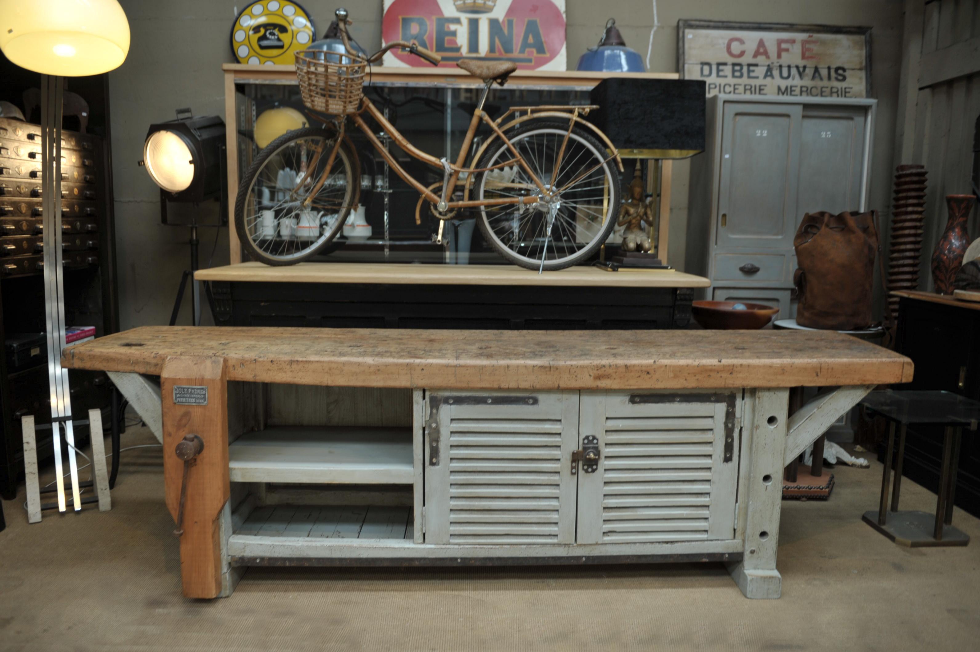 Long French 2 Doors Carpenter work Bench Cabinet, circa 1930 For Sale 4