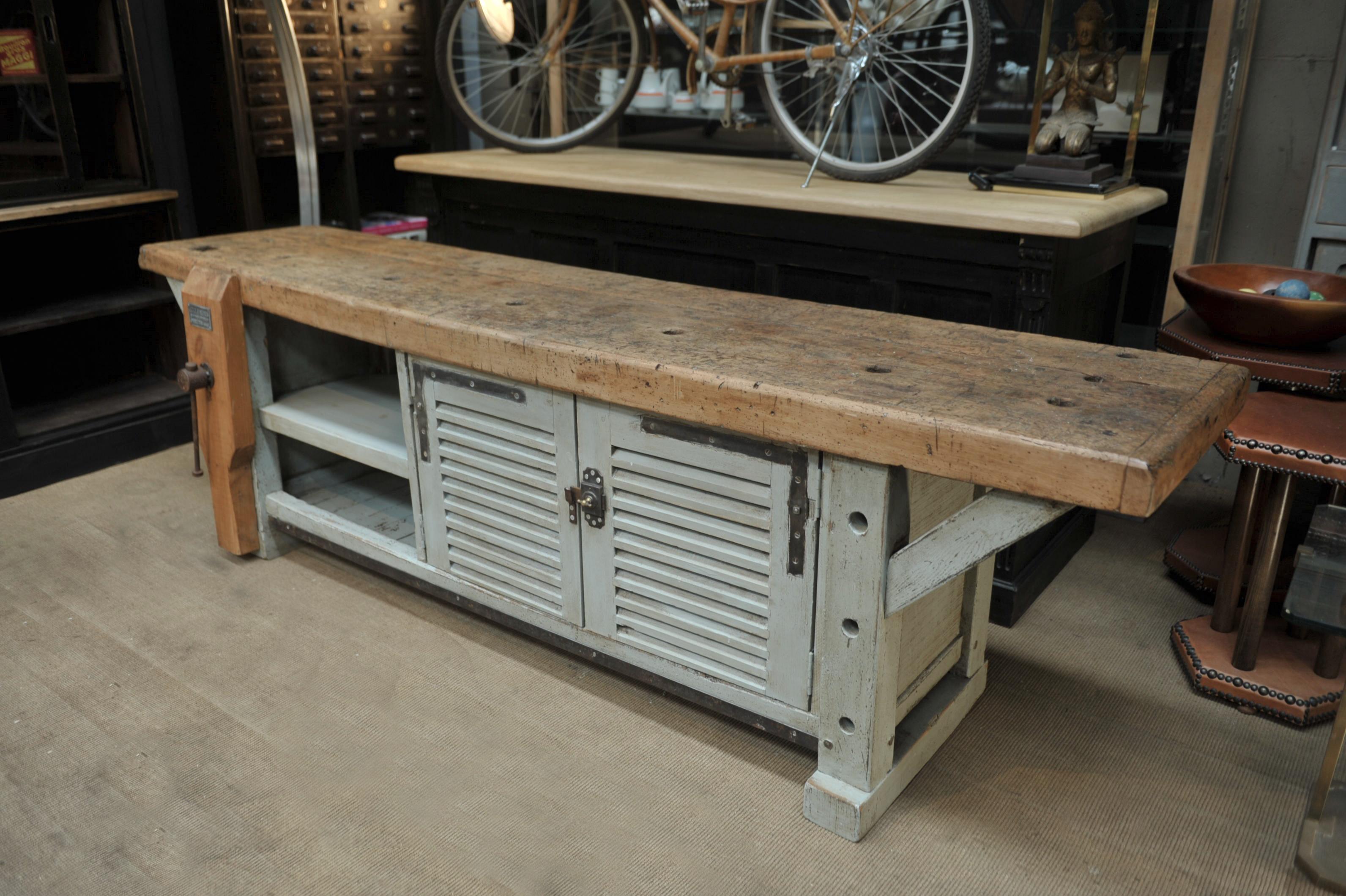 Industrial Long French 2 Doors Carpenter work Bench Cabinet, circa 1930 For Sale