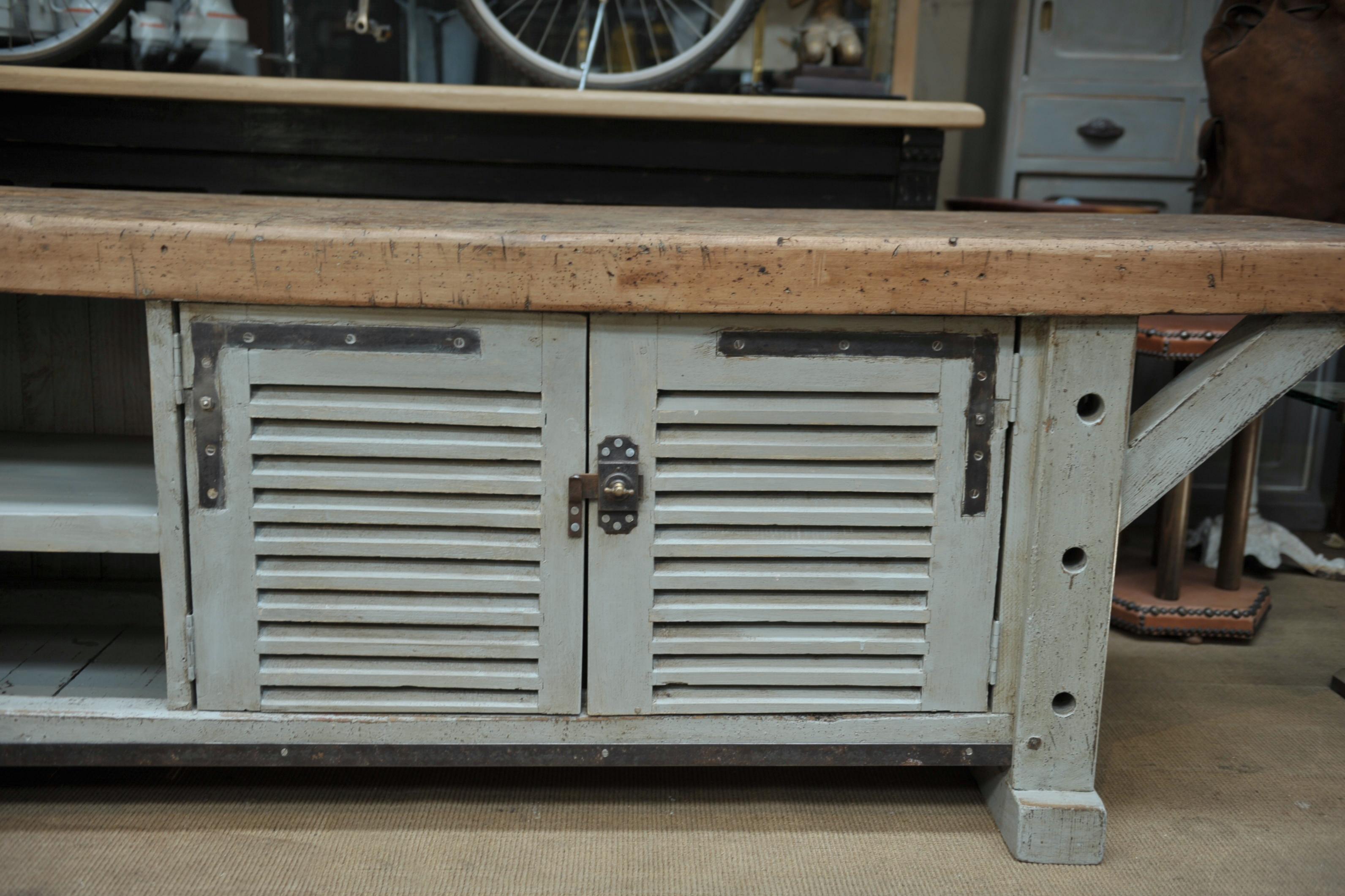 Long French 2 Doors Carpenter work Bench Cabinet, circa 1930 For Sale 1