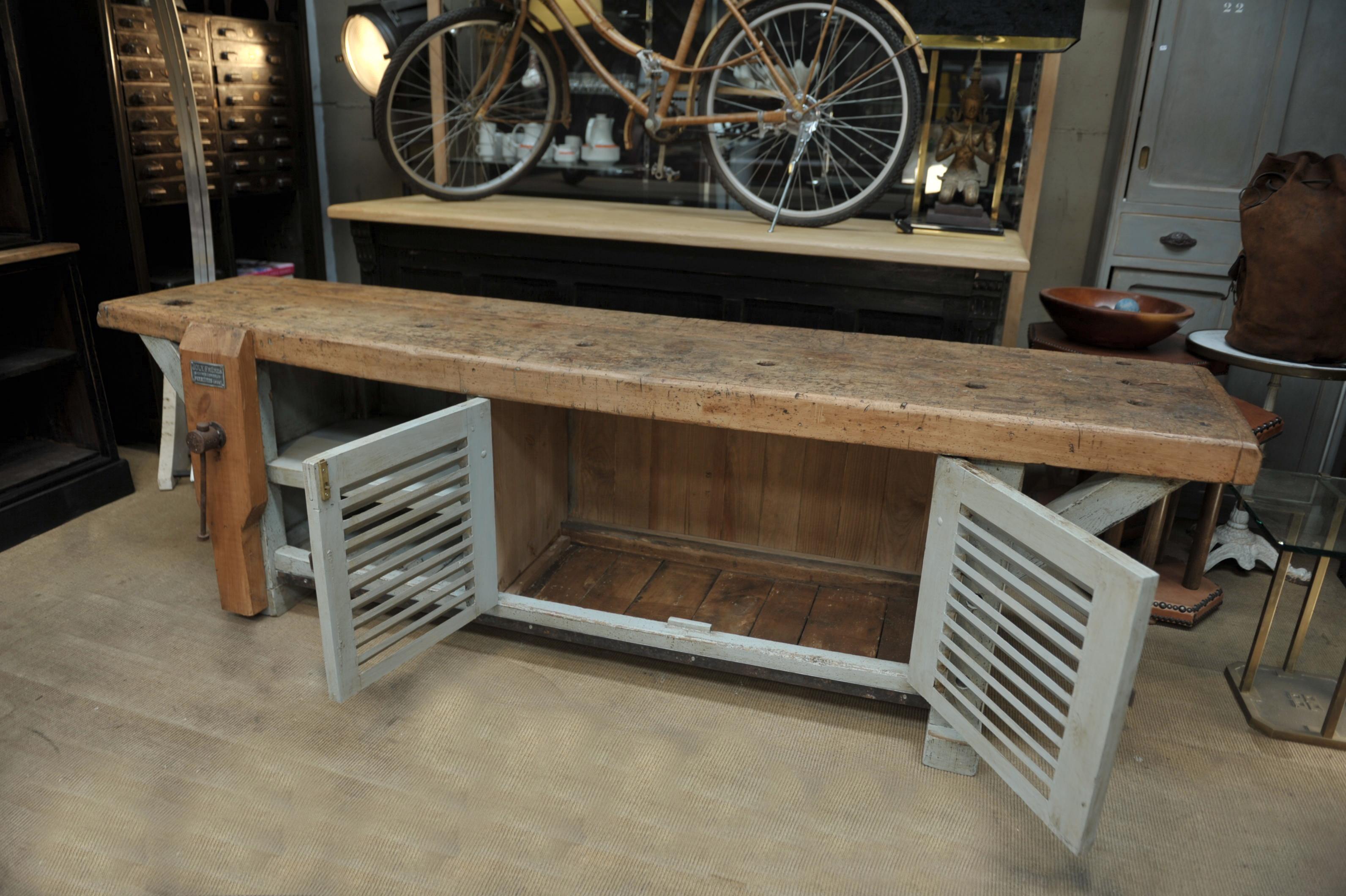 Long French 2 Doors Carpenter work Bench Cabinet, circa 1930 For Sale 3