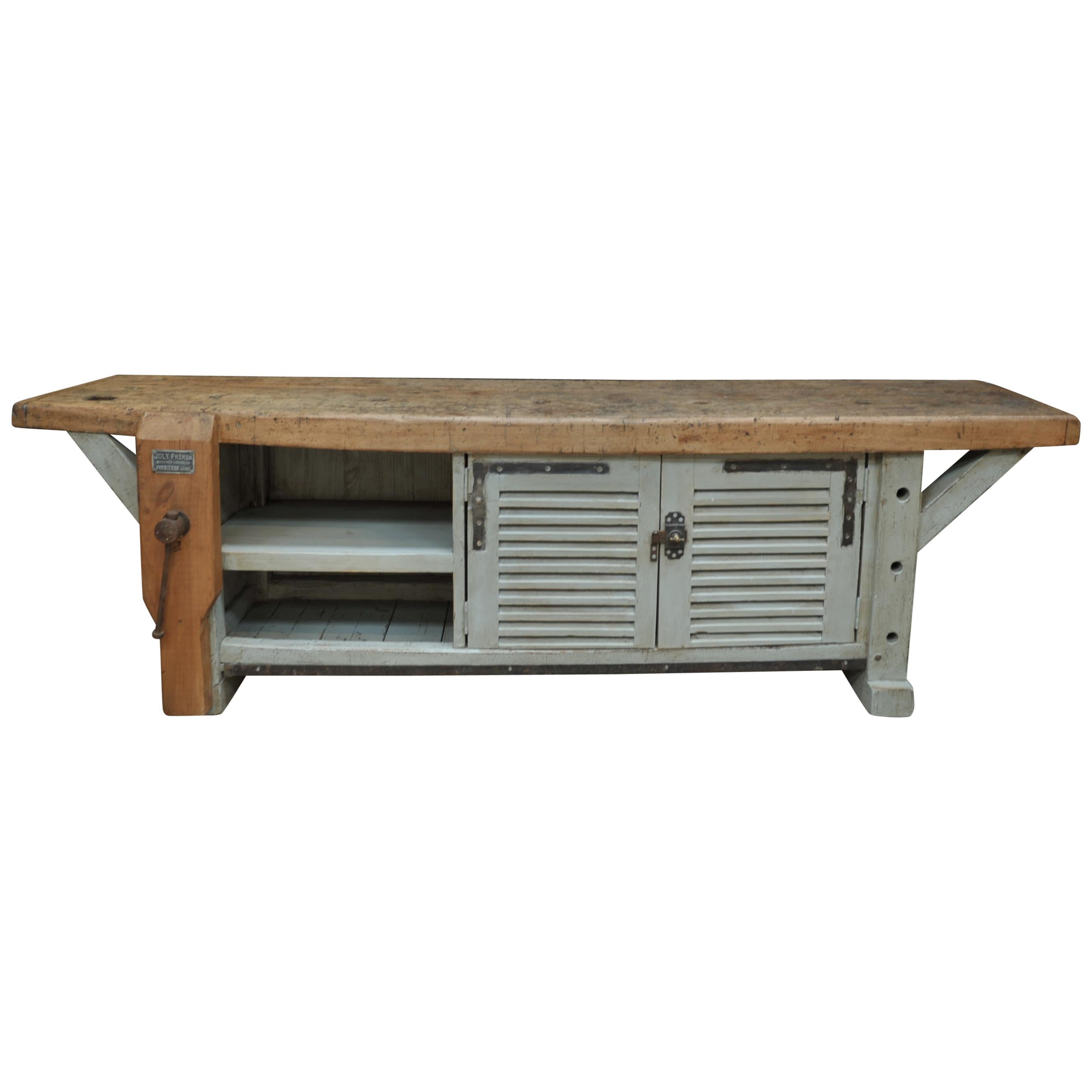 Long French 2 Doors Carpenter work Bench Cabinet, circa 1930 For Sale