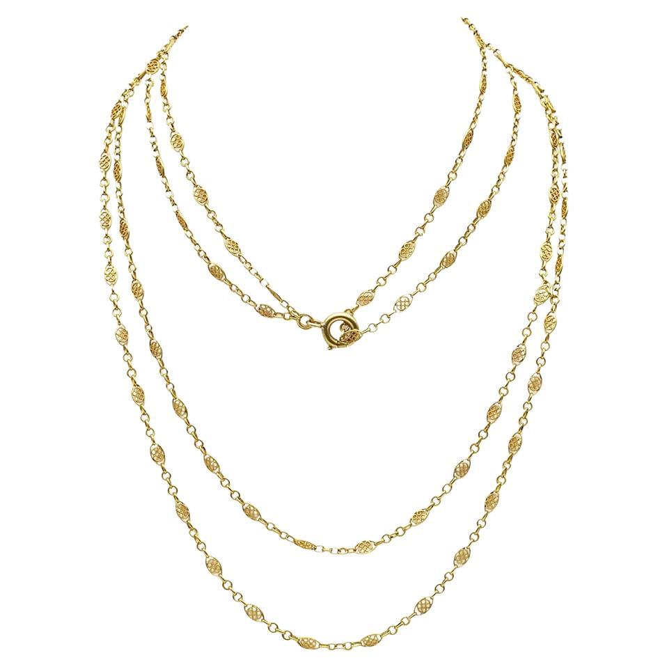 Collana lunga in filigrana antica francese in oro 18 carati, Collana lunga antica