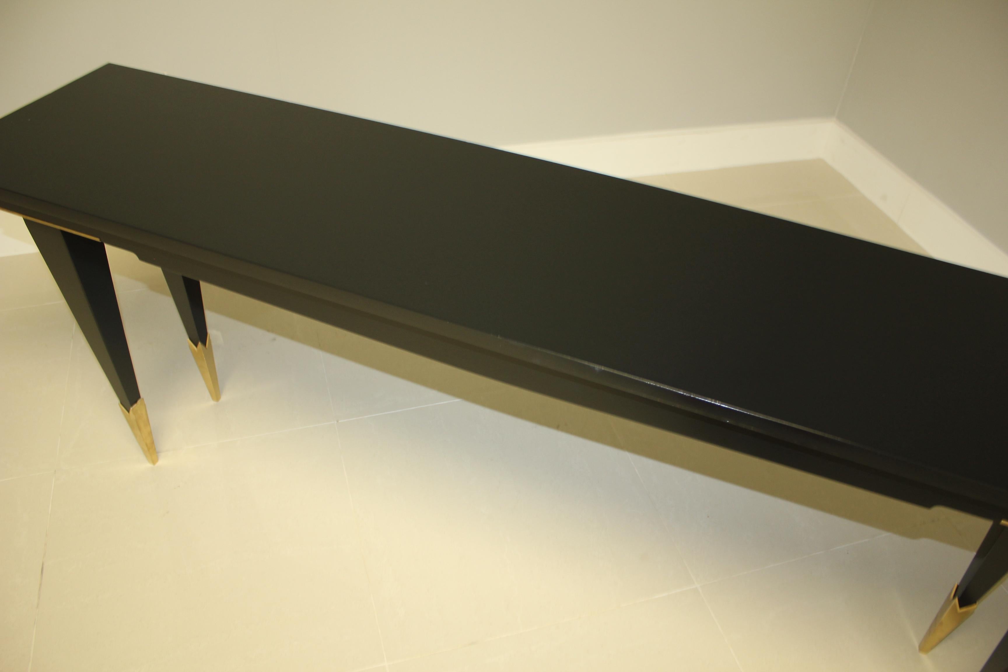 Brass Long French Art Deco Style Ebonized Console Table, circa 1940s