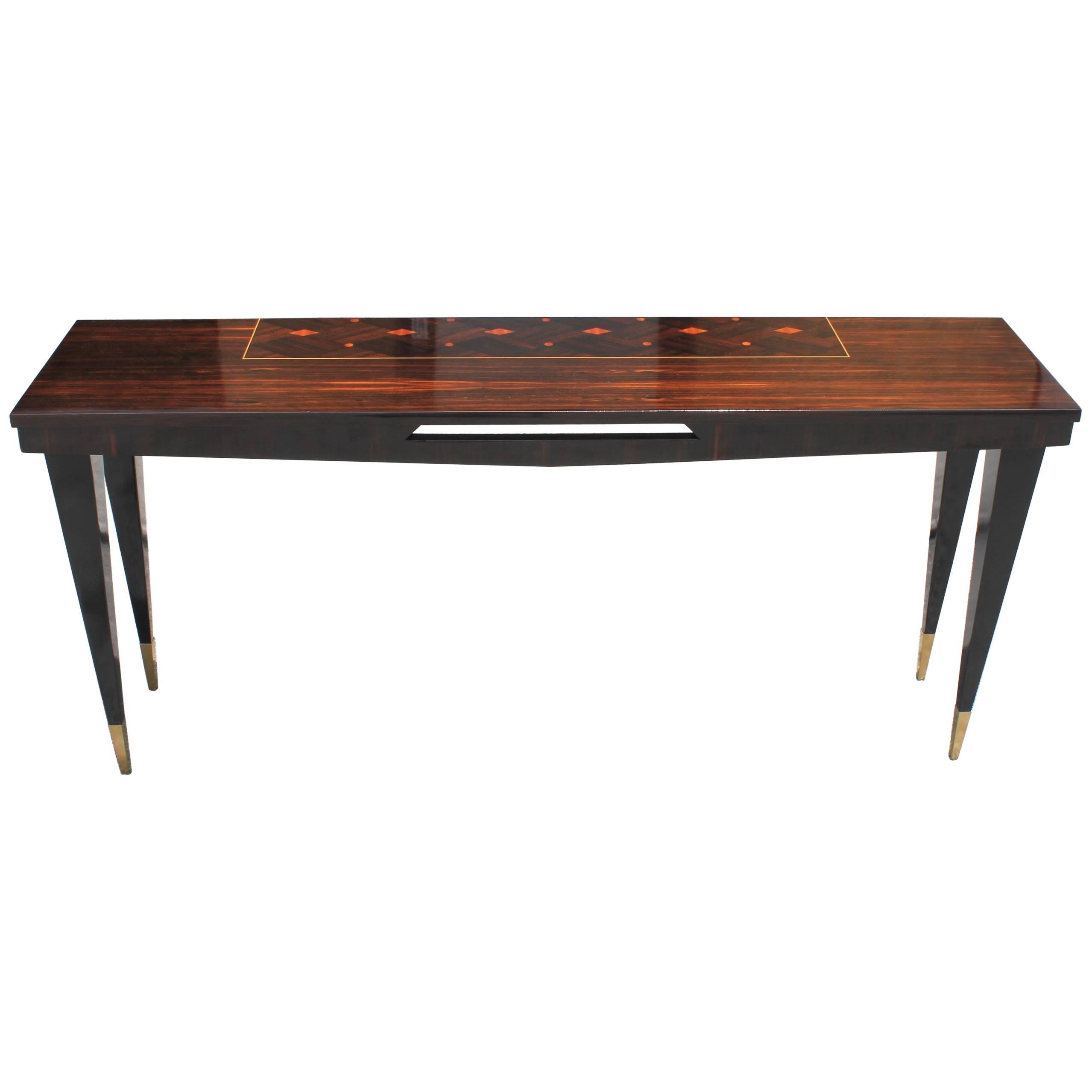 Long French Art Deco Exotic Macassar Ebony Console Table, circa 1940s For Sale