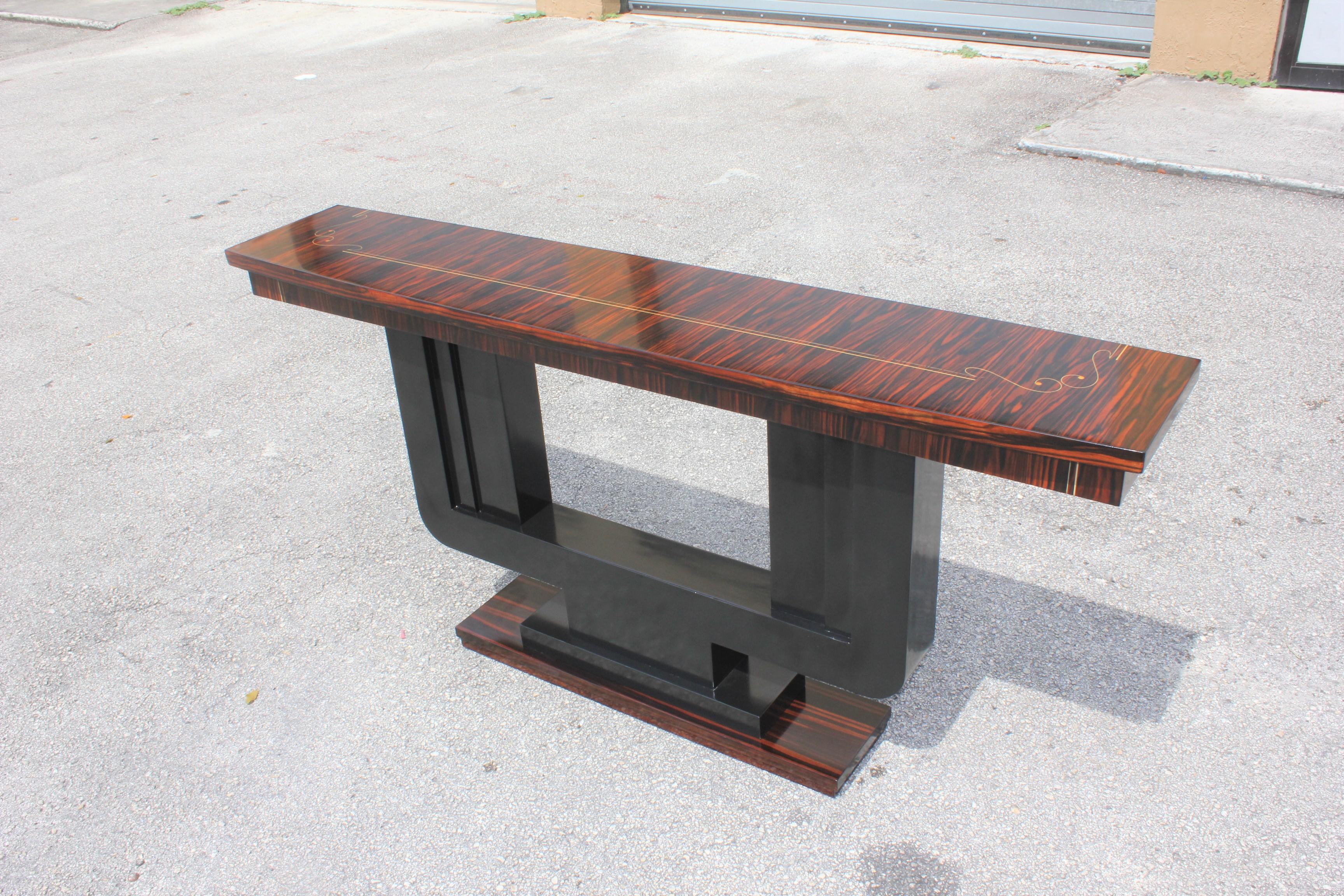 Long French Art Deco Exotic Macassar Ebony Console Tables, circa 1940s 13