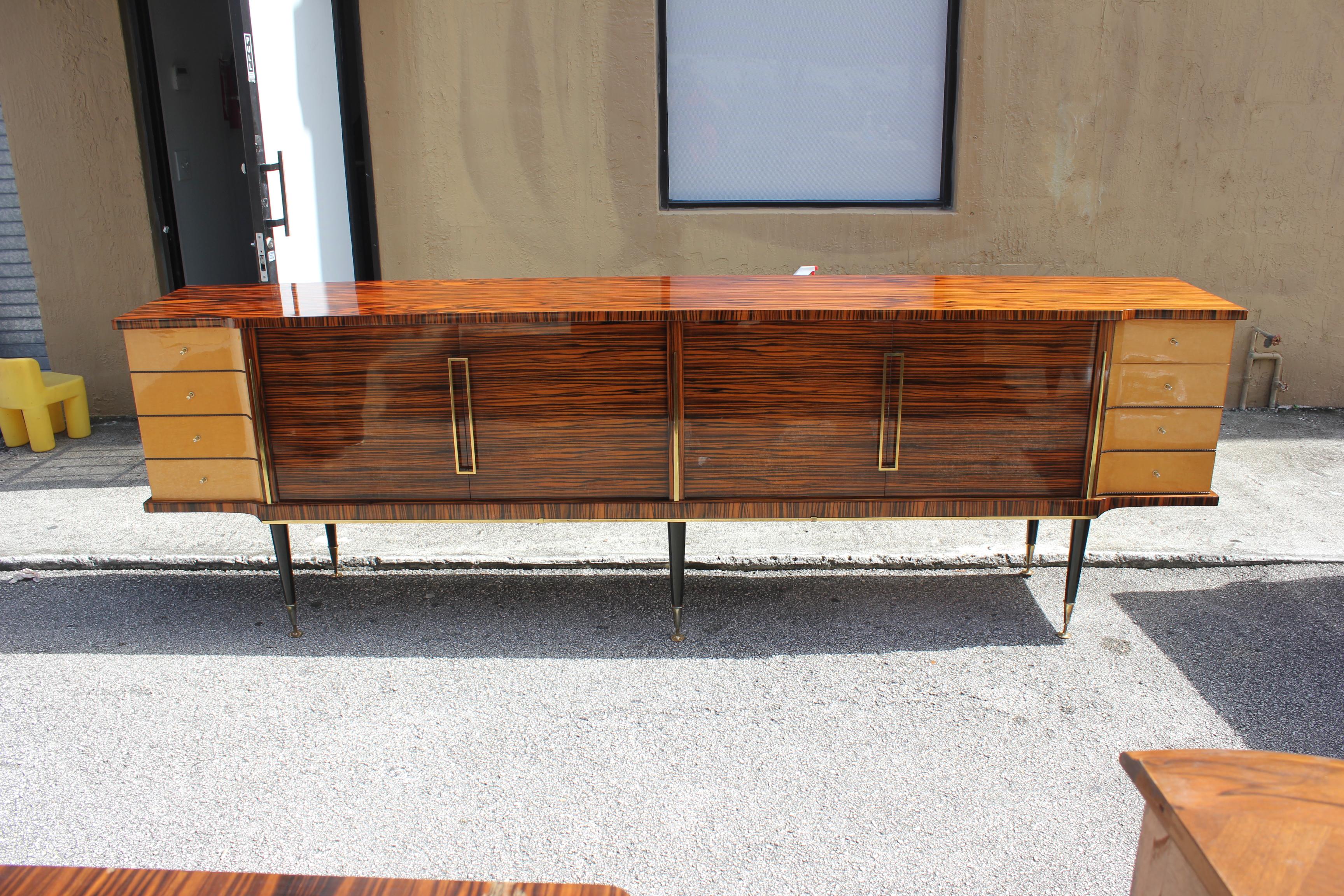 Mid-20th Century Long French Art Deco Macassar Ebony with Burl Wood Sideboard or Buffet