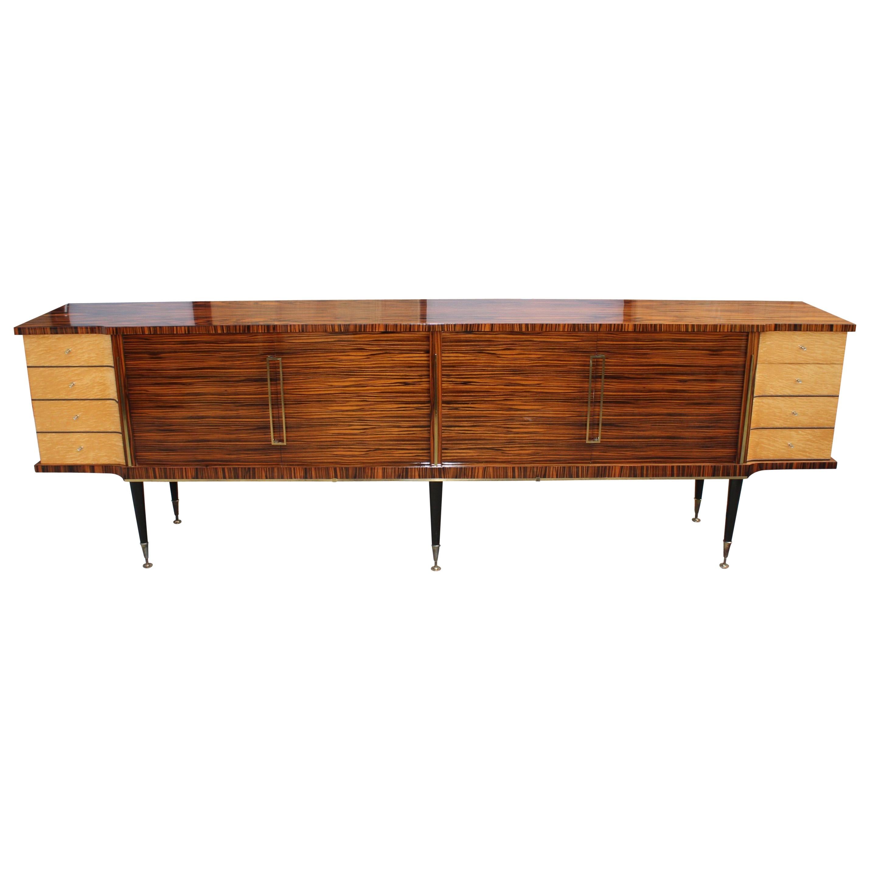 Long French Art Deco Macassar Ebony with Burl Wood Sideboard or Buffet